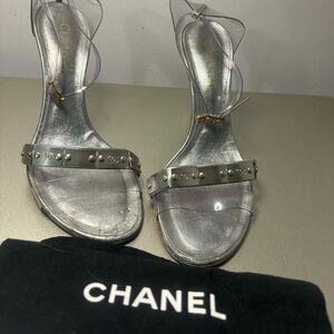 Chanel Silver Metallic Ankle Strap Heels